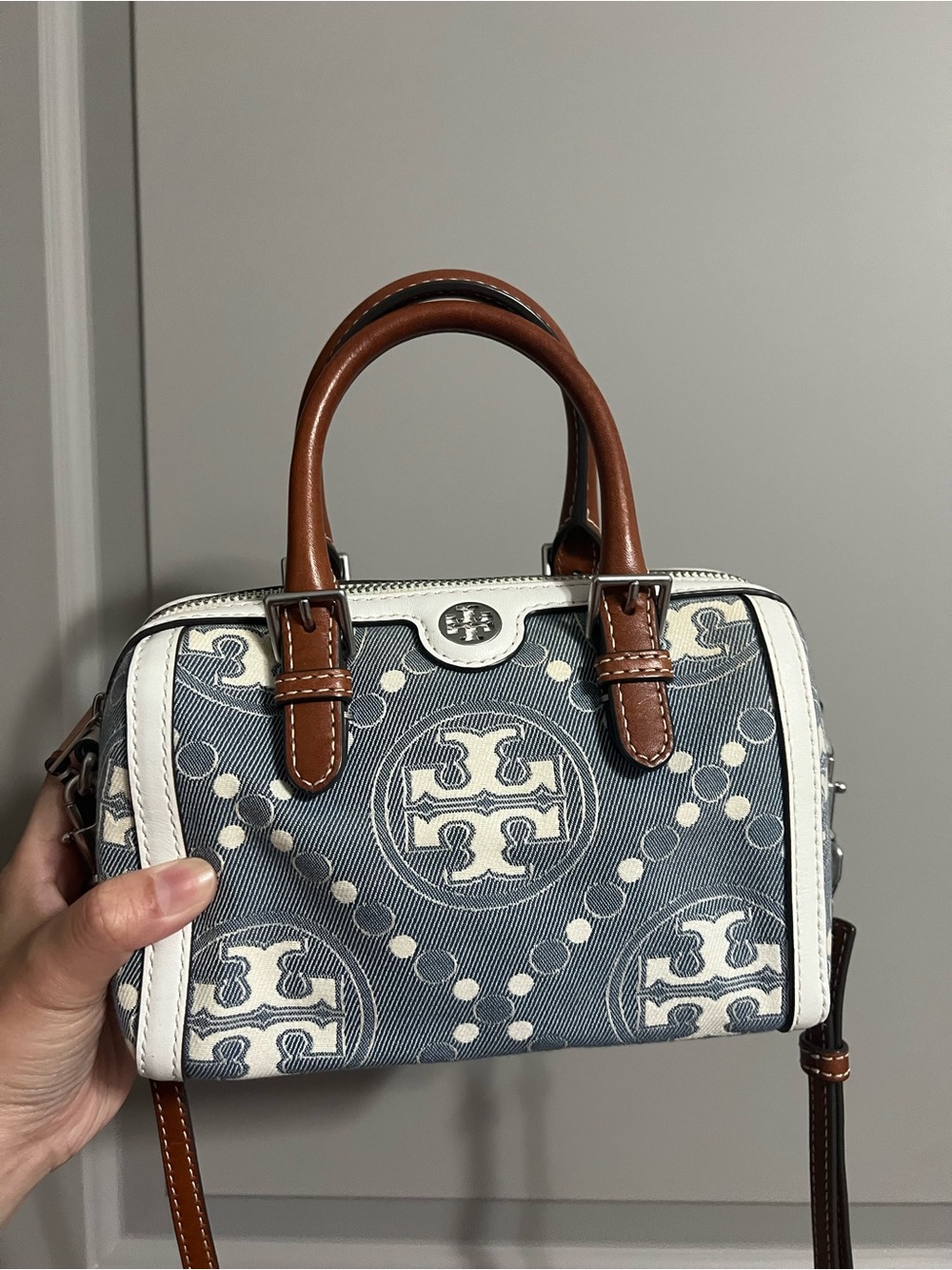 Tory Burch Blue Logo Jacquard Mini Satchel with Brown Trim - Picture 4 of 4